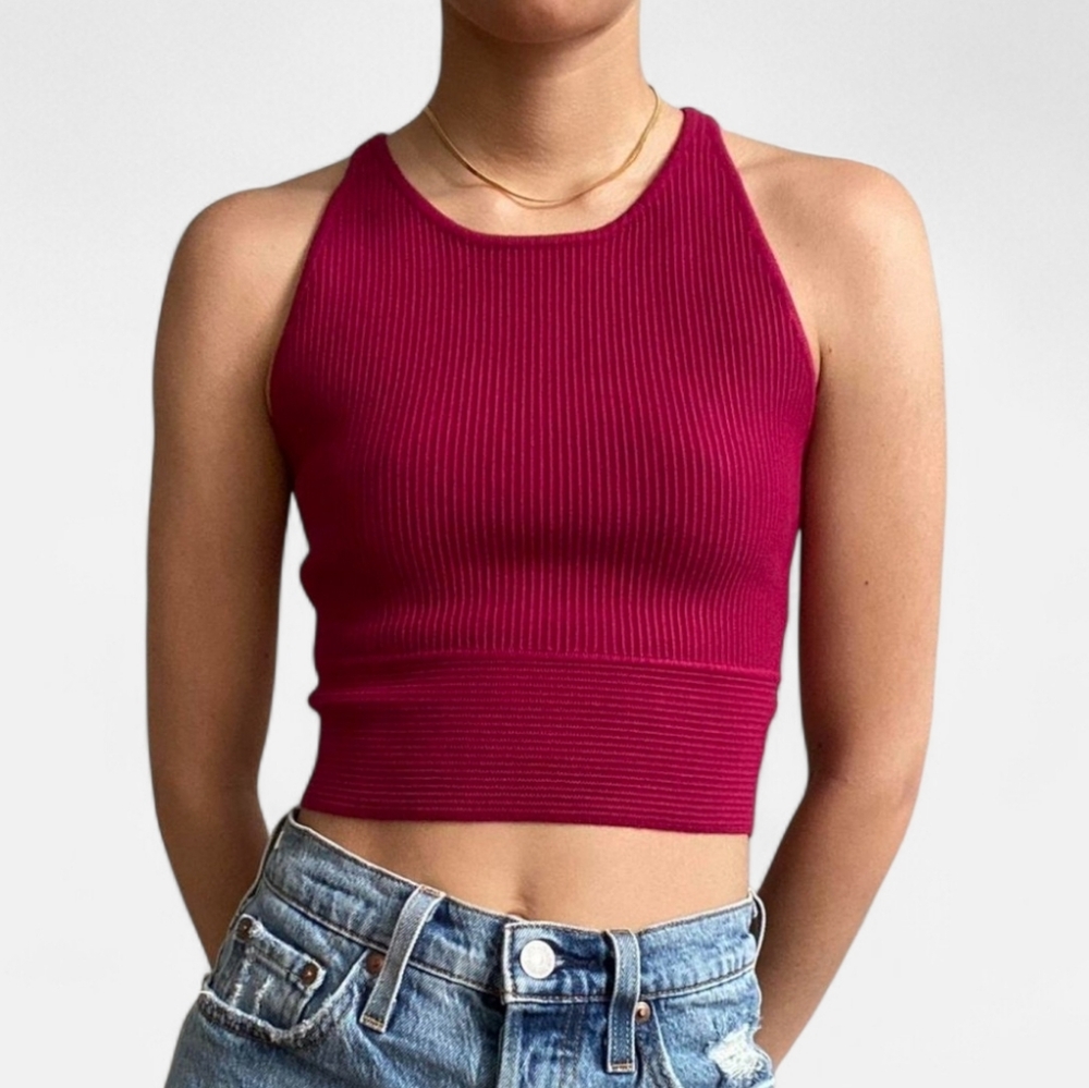 House of Harlow 1960 Stretch Ribbed Sweater Knit Cropped Racerback Tank Top M